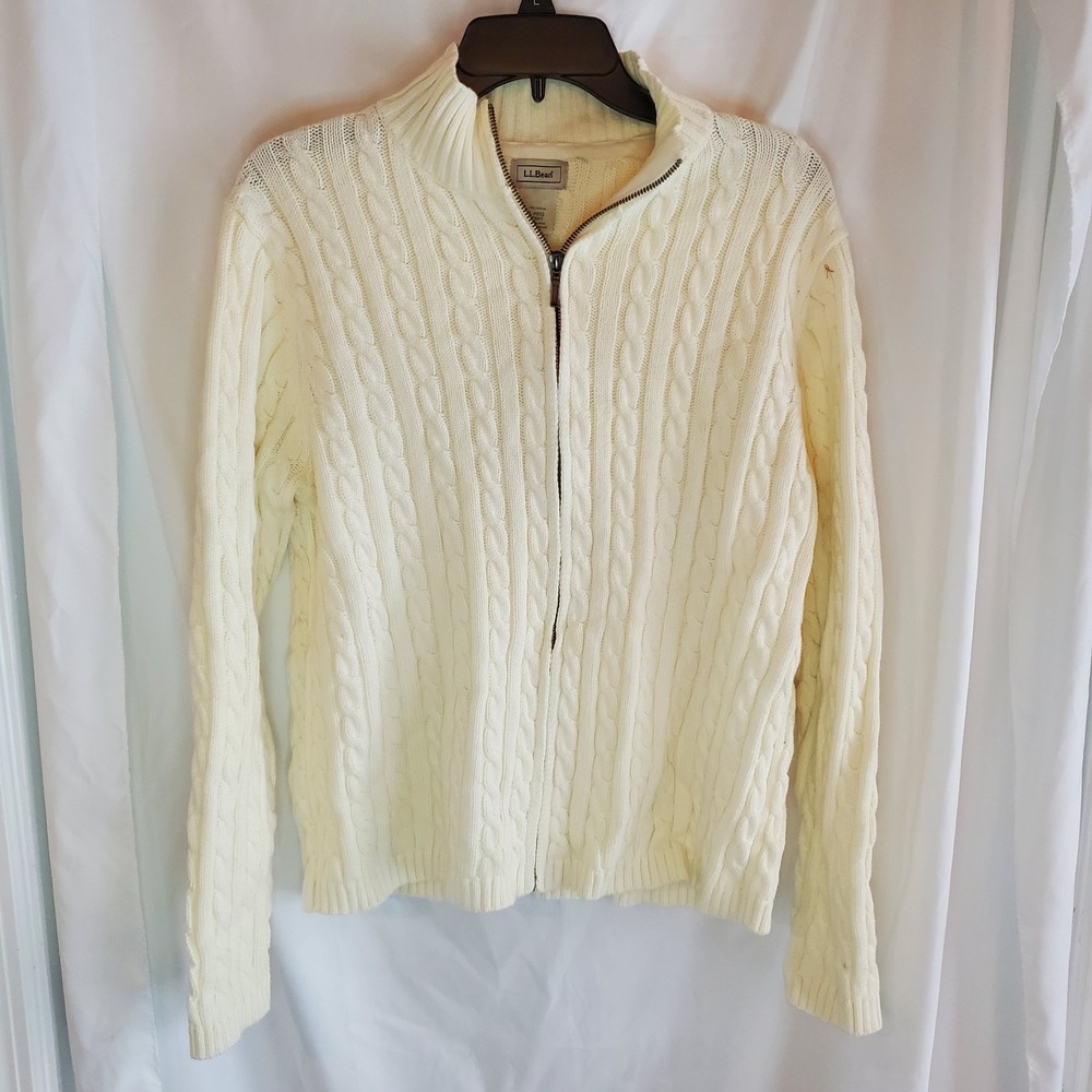 LL BEAN Sweater Womens L Cable‎ Knit Full Zip Cardigan Y2K Cotton Off White VTG